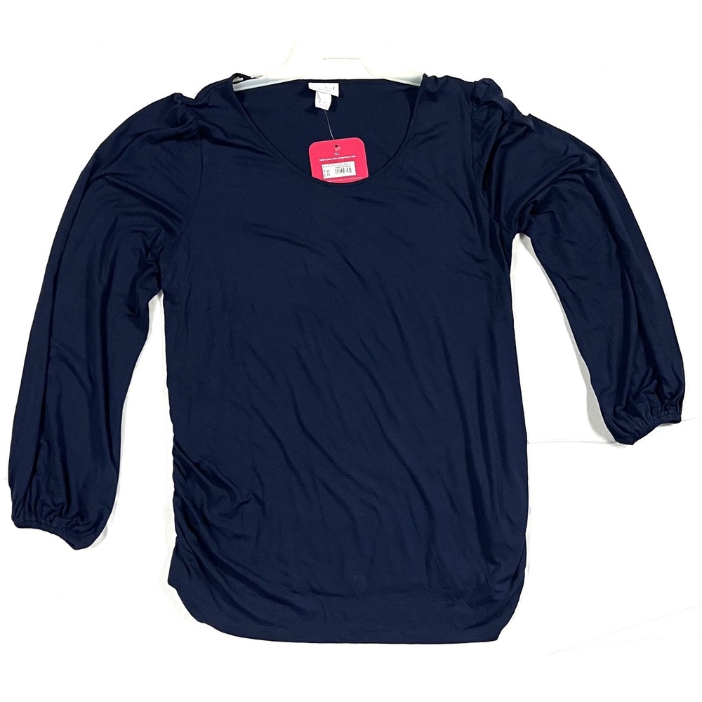 Isabel Maternity XL Navy Blue Knit Blouse NWT Long Sleeve Ruched Ingrid & Isabel